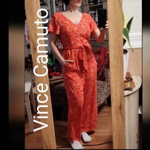 Vince Camuto Firey Red Floral Jumpsuit With Pockets Size 6
